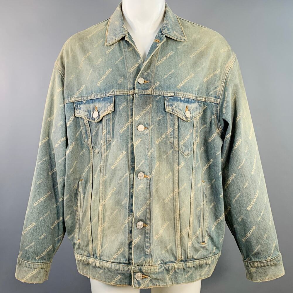 BALENCIAGA Size S Blue White Monogram Cotton Denim Oversized Jacket
